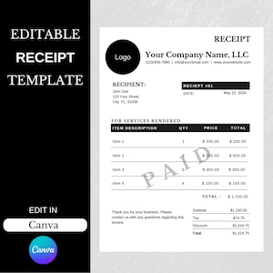Editable Receipt Template, Small Business Digital Receipt, Customer Receipt, Sales Receipt, Receipt Form, Canva Template, Instant Download