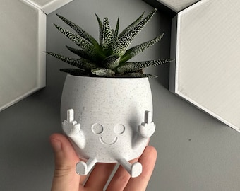 Smiling Plant Pot with Middle Fingers Up