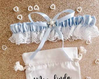 Personalised Garter gift set, wedding gift for bride, something blue, wedding garter, personalised gifts, wedding gift bags