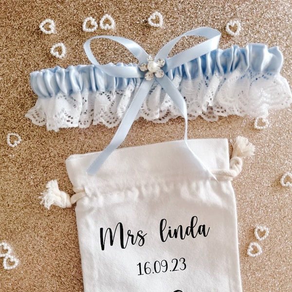 Personalised Garter gift set, wedding gift for bride, something blue, wedding garter, personalised gifts, wedding gift bags