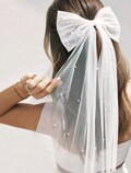 Veil Bow Wedding Hair Accessories,Tulle Pearl Bride Hair Bow, Bride Bridal Shower Gift,Bridesmaid Favours, Favors, Bridal Bow Veil Pearl,Hen