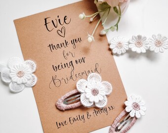 Flower girl, thank you, Bridesmaid gift, token gift, wedding thank yous, personalised hair accessories, hair clips, hair slides