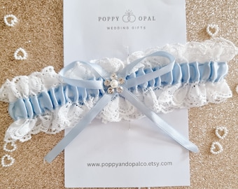 Personalisierte Strumpfband Geschenk-Set, Hochzeitsgeschenk für die Braut, etwas Blaues, Hochzeits-Strumpfband, personalisierte Geschenke, Hochzeitsgeschenktaschen