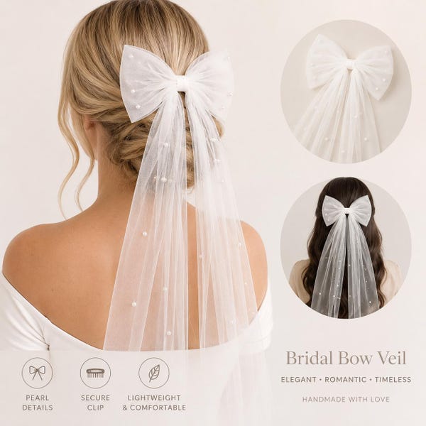 Veil Bow Wedding Hair Accessories,Tulle Pearl Bride Hair Bow, Bride Bridal Shower Gift,Bridesmaid Favours, Favors, Bridal Bow Veil Pearl,Hen