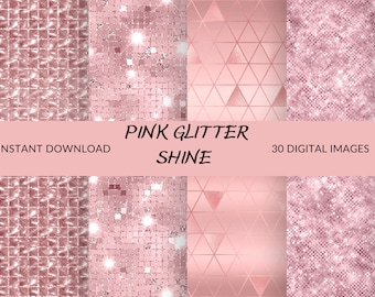 May include: A digital download of 30 pink glitter and shine patterns. The patterns include a square grid, a triangle pattern, and a glitter texture. The text "PINK GLITTER SHINE" and "INSTANT DOWNLOAD" and "30 DIGITAL IMAGES" are included in the image.