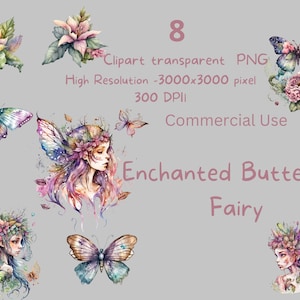 Butterfly Fairy Clipart PNG Set, 8 fairy clipart, commercial use clip art, butterfly fairy watercolor art, PNG fairy theme illustrations