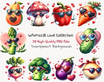 Whimsical Love Bundle: 30 High-Quality PNG Clipart, Funny Watercolor Love Illustrations, Ideal for Love-Themed Invitations and Gifts