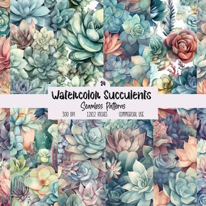 24 Watercolor Succulents Seamless Patterns: Botanical Digital Paper (Instant Download)