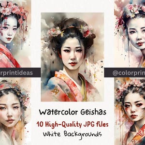 10 Elegant Watercolor Geisha Digital Paper Pack, Asian Art Papers for Scrapbooking, Invitations, Printable Crafts