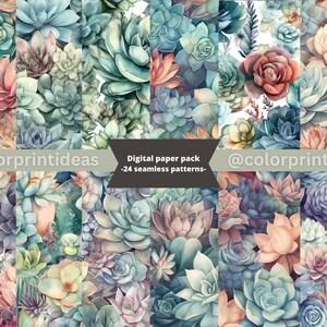 Ensemble de papier numérique aquarelle succulentes, 24 motifs botaniques harmonieux pour scrapbooking, travaux manuels, journaux et projets de sublimation