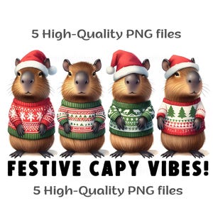 5 Funny Christmas Capybara Clipart, High-Quality PNGs for Holiday Crafts, Cards, and Digital Designs
