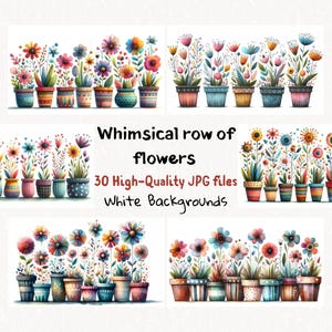 30 Whimsical Flower Pot Clipart, Cottagecore Floral JPGs for Scrapbooking, Wall Art, Invitations