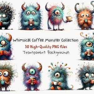 30 Kaffee Monster Clipart Bundle, skurrile Kreaturen für bedruckbares Kunsthandwerk, Aufkleber, Tassen und digitale Illustrationen