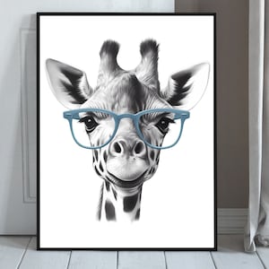 Juego de 6 pósteres divertidos de animales con gafas: impresiones modernas de jirafa, león, hipopótamo, elefante, cebra y guepardo para la decoración de la habitación de los niños y el hogar.