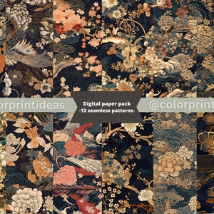 Traditional Japanese Painting Digital Paper Set, 12 Seamless Patterns for Crafts, Scrapbooking, and Background Designs