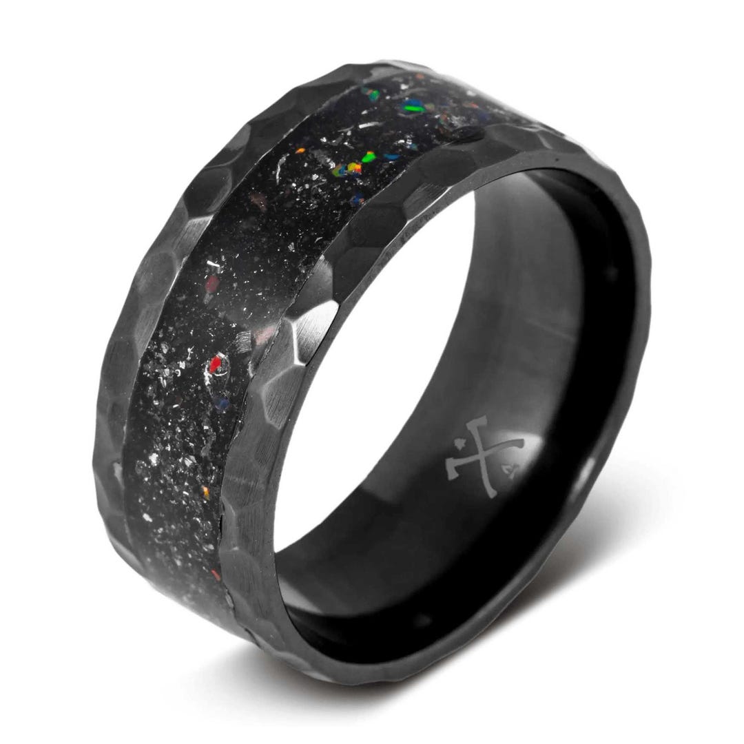 Raptor R Ring Black Zirconium Ring: Dinosaur Bone, Meteorite, Space Opal, Hammered ...