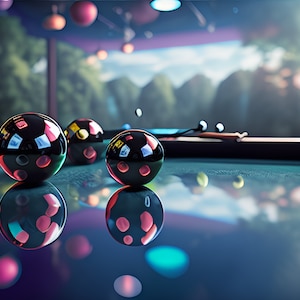May include: Three black billiard balls with colorful reflections on a green felt pool table. The balls are arranged in a triangle shape with the apex ball in the foreground. The background is blurred and shows a window with a view of trees and a bright sky.