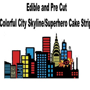 Colorful City Skyline / Super Hero  Edible Cake strips Pre Cut