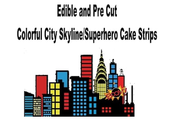 Colorful City Skyline / Super Hero  Edible Cake strips Pre Cut