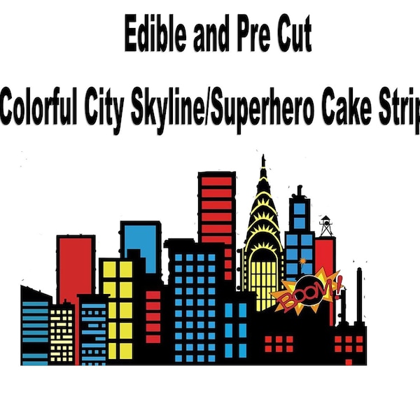 Colorful City Skyline / Super Hero  Edible Cake strips Pre Cut