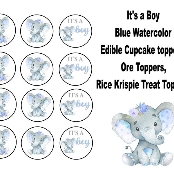 Edible Elephant It's a boy Cake Topper,  Cupcake Topper,  Rice Krispy Treat Topper, Cookie Topper