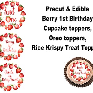 Edible Berry First Birthday Cupcake Topper, Rice Krispy Treat Topper, Cookie Topper