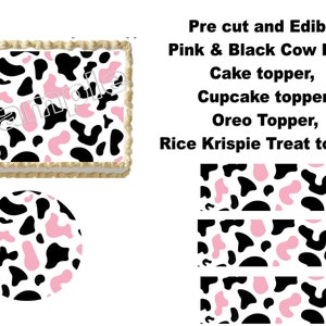 Edible  Pink and Black Cow Print Pre Cut Cake, Cookie Cupcake Toppers, Cake Side Strips