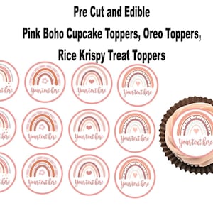 Edible Pink Boho Rainbows Cupcake Topper, Rice Krispy Treat Topper, Cookie Topper