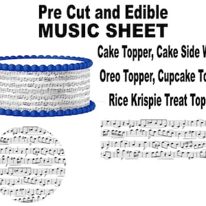 May include: An edible music sheet cake topper with a blue border. The cake topper is decorated with musical notes and is designed for cakes, cupcakes, and Rice Krispie treats. Text on the image reads: Pre Cut and Edible MUSIC SHEET.