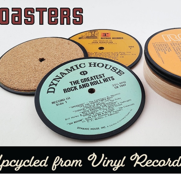 Upcycled Vinyl Record Coasters + Wooden Base