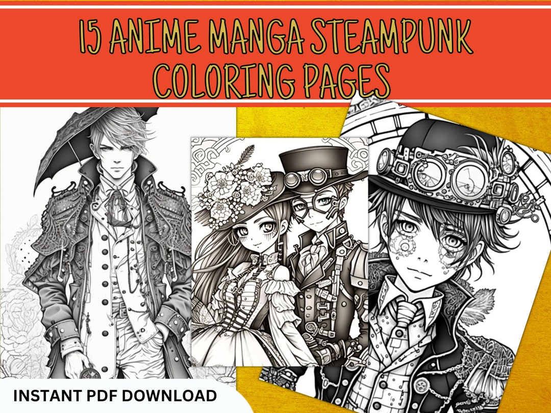 15 Steampunk Manga Coloring Book Pages/digital Coloring/instant PDF