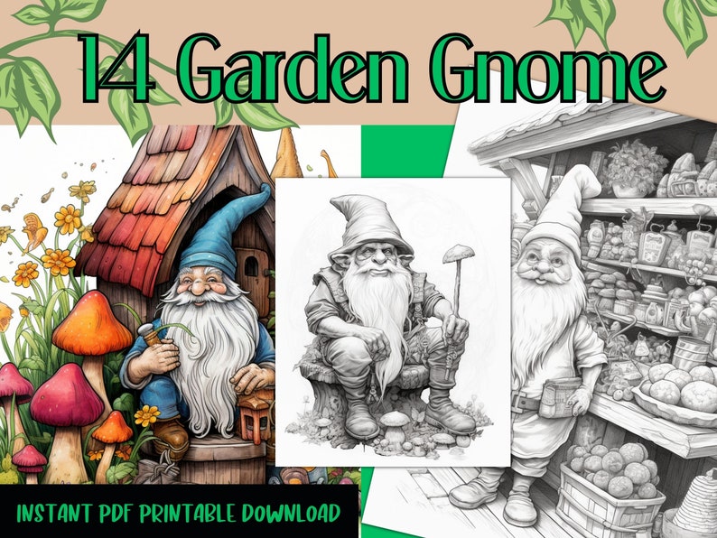 14 Garden Gnome Coloring Book Pages/colouring Sheets/digital Coloring ...