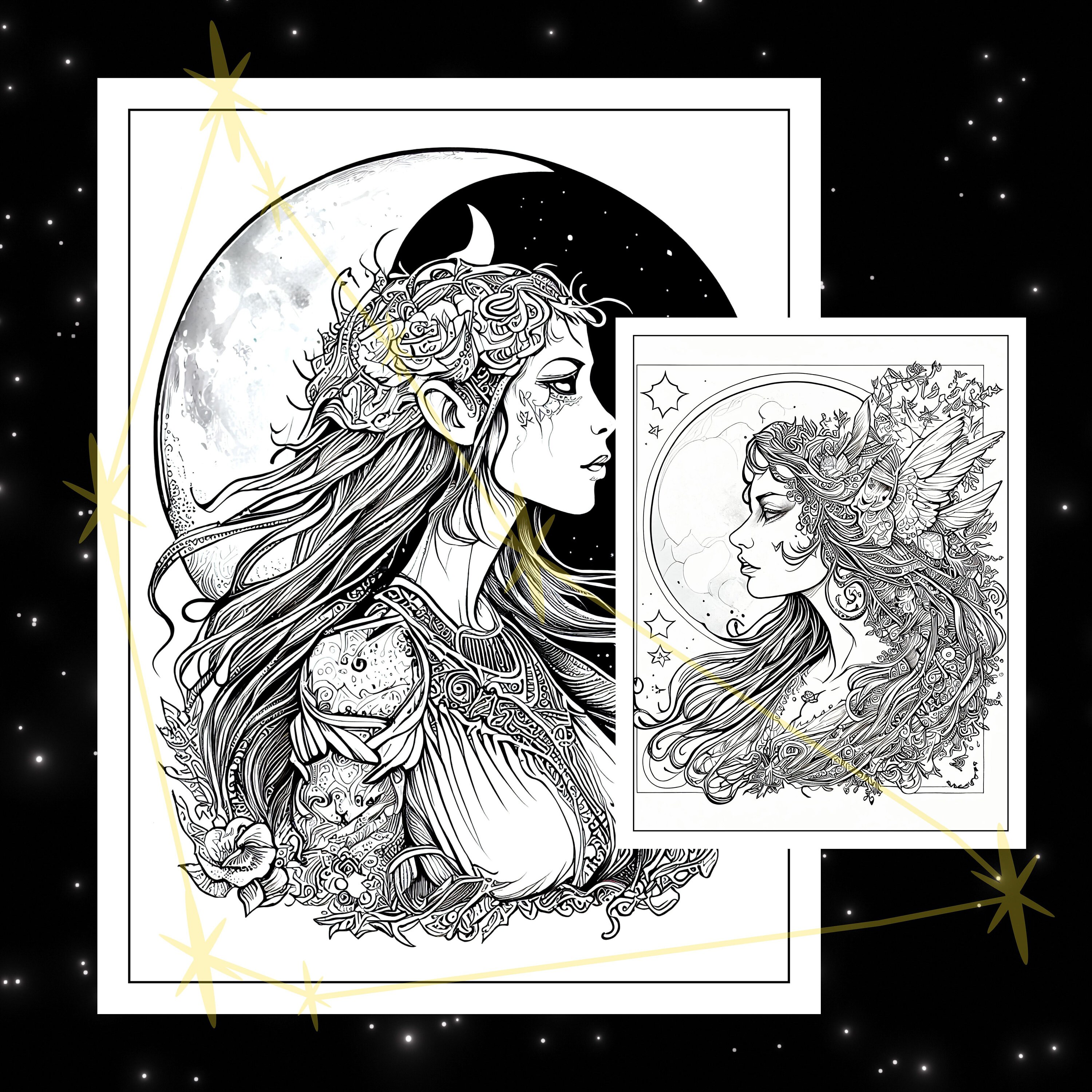 20 Page Fantasy Moon Witch Coloring Printable Pdf Book Pages - Etsy Australia