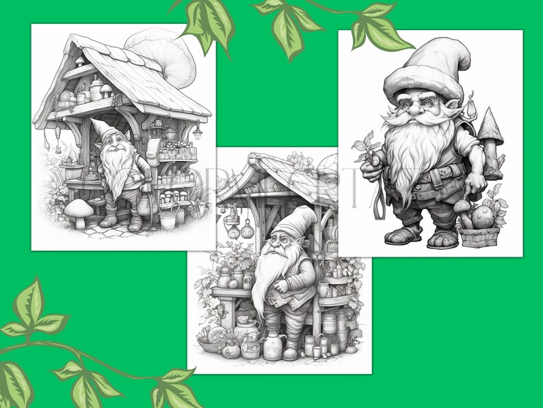 14 Garden Gnome Coloring Book Pages/colouring Sheets/digital Coloring ...