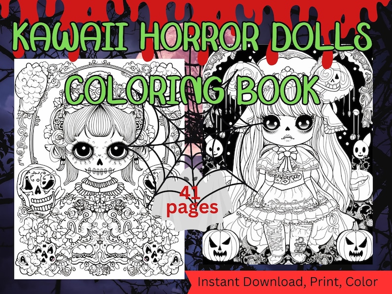 Cute Kawaii Horror Dolls Coloring Book Pages/kawaii Colouring - Etsy