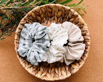 natural linen & cotton scrunchies | floral scrunchies | cottagecore style |  natural fibre scrunchies | gift for her