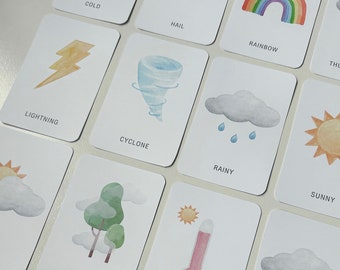 14 Weather Flashcards Watercolour Printable, Weather Systems Cards for Kids, Forecast Children, Sunny, Rainy, Thunderstorm, Rainbow, Tornado