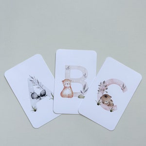 Cartões de alfabeto de animais A-Z para impressão, animais fofos, ABC temático de florestas, cartões de cartas infantis, alfabetização precoce, aprender alfabeto