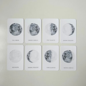 Mondphasen Aquarell Karten zum Ausdrucken, Kleinkind Weltall Flashkarten, Viertelmond, Halbmond, Lernressource für Kinder, Mondphasen