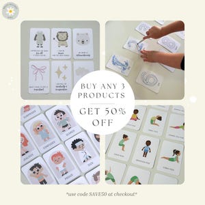 May include: A collage of images featuring different flash cards for children. The cards feature illustrations of animals, yoga poses, and emotions. The text "BUY ANY 3 PRODUCTS GET 50% OFF" is displayed in the center of the collage. The text "*use code SAVE50 at checkout*" is displayed at the bottom of the collage.