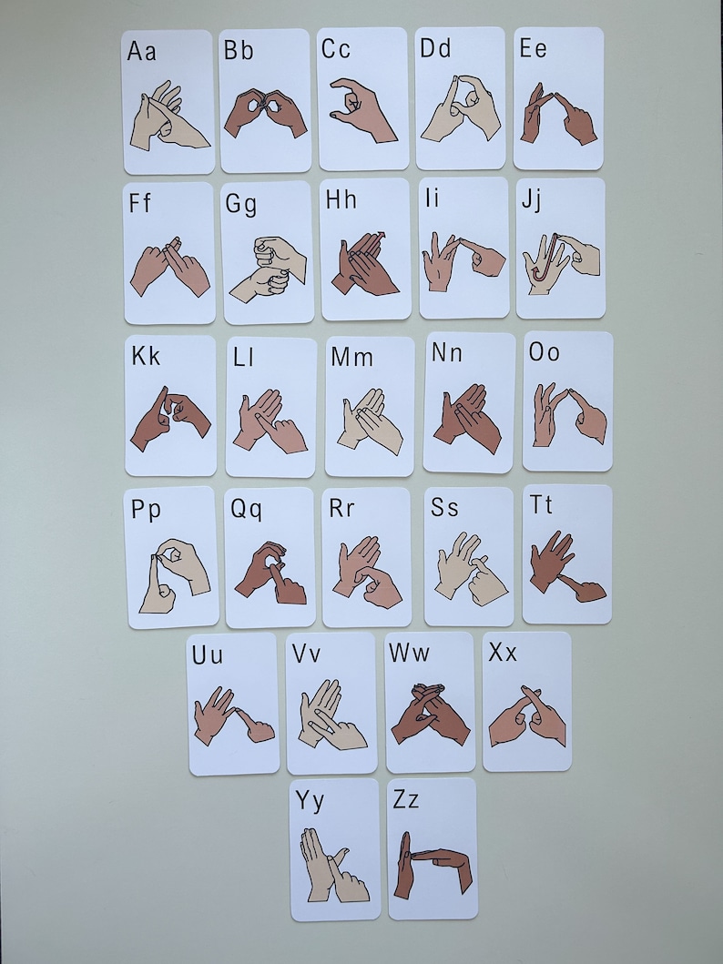 May include: A set of 26 white cards with black outlines, each featuring a different letter of the alphabet in sign language. The letters are arranged in alphabetical order.