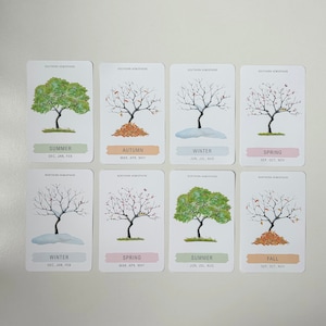 Tarjetas didácticas imprimibles sobre las estaciones, estaciones del hemisferio norte y sur, clima para niños, verano, otoño, invierno y primavera, estaciones para niños
