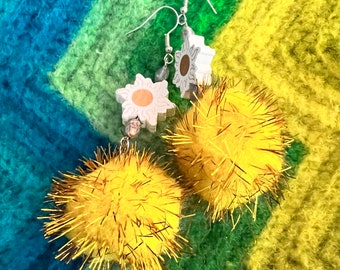 Yellow puff earrings with wooden sun bead