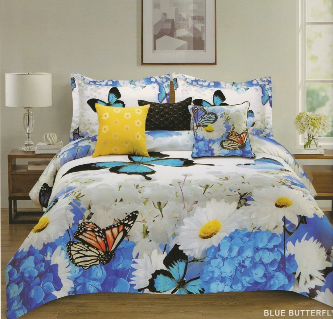 7 Piece Comforter Set Blue Butterflies Queen Size Oversized Etsy