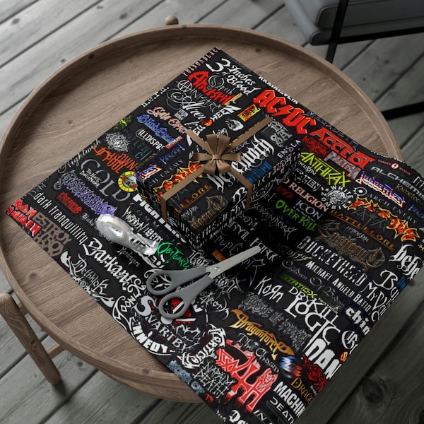 Wrapping Paper for the Ultimate Metal Gift: Featuring Classic Heavy Metal Band Logos. Give your gifts a Metal Makeover! Hard Rock Gift Wrap!