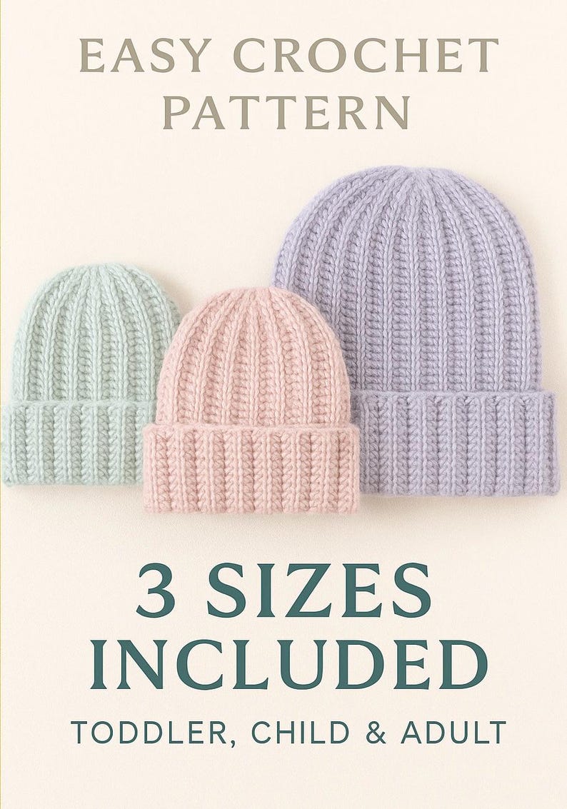 Easy Crochet Ribbed Beanie Pattern PDF, 3 Sizes Included – Toddler ...