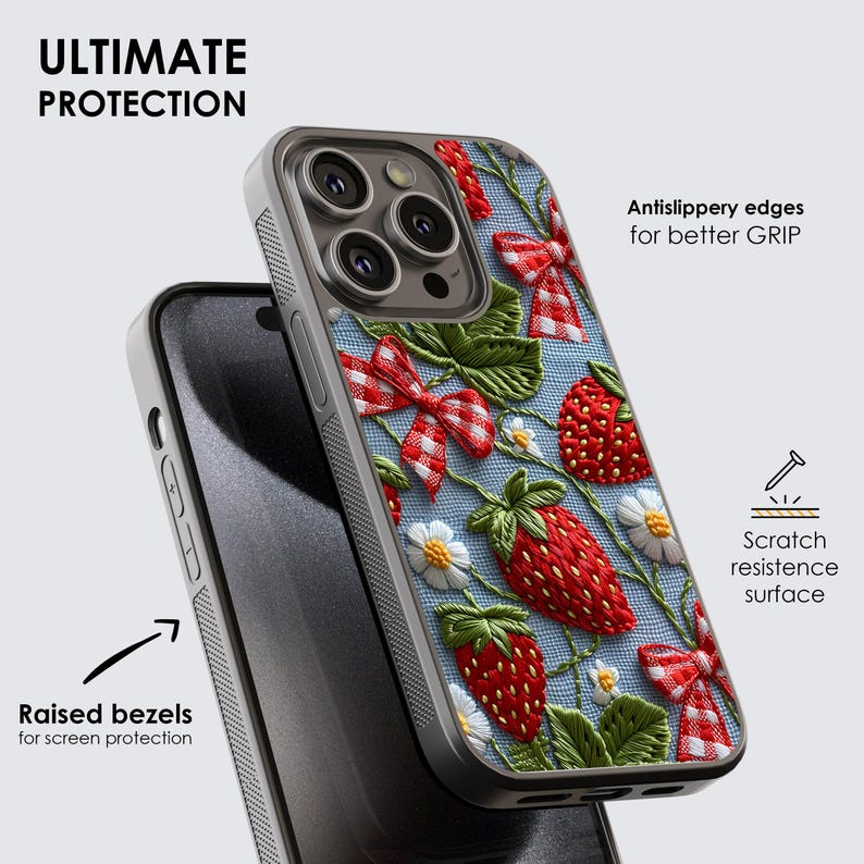 Embroided strawberry iPhone case / Cute summer fruit phone case / Fruit cover for iPhone 15 14 13 12 11 X XR SE Samsung S24 S23 S22 S21 A53 image 3