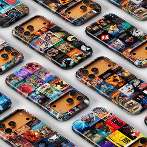 May include: Several phone cases featuring a collage of film posters. The cases are black with a gold camera aperture and a glossy finish. The film posters are arranged in a grid, showcasing a variety of movie titles and artwork.
