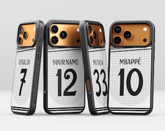 Personalisierte Real Madrid Fußball Handyhülle / Handyhülle mit Name für iPhone 17 16 15 14 13 12 11 Samsung S26 S25 S24 S23 S22 A57 A56
