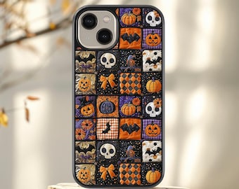 Spooky Halloween patchwork iPhone case, Cute halloween cover, Pumpkin skull spooky cover, Halloween aesthetic case for iPhone 16 15 14 13 12